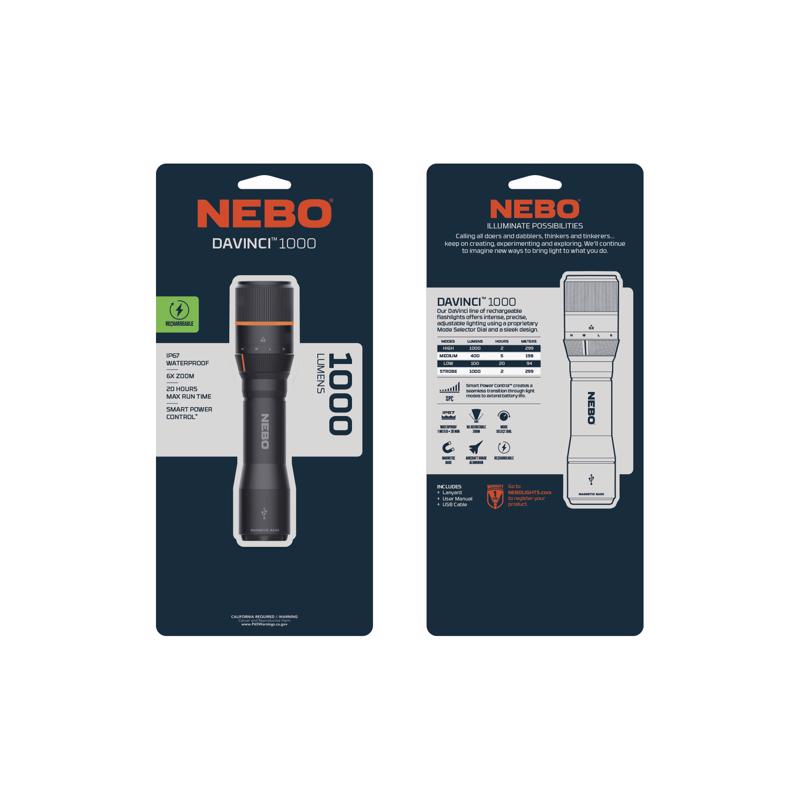 NEBO Davinci 1000 lm Black LED Rechargeable Flashlight 18650 Battery