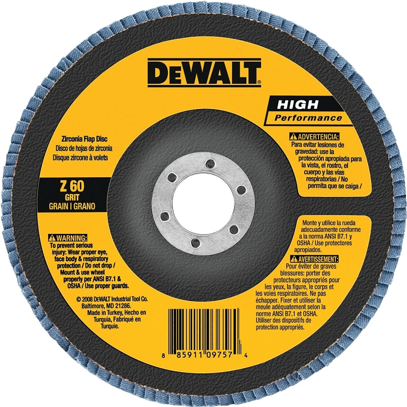 DEWALT HP DW8302 Flap Disc, 4 in Dia, 5/8 in Arbor, 60 Grit, Medium, Zirconium Oxide Abrasive, Fiberglass Backing