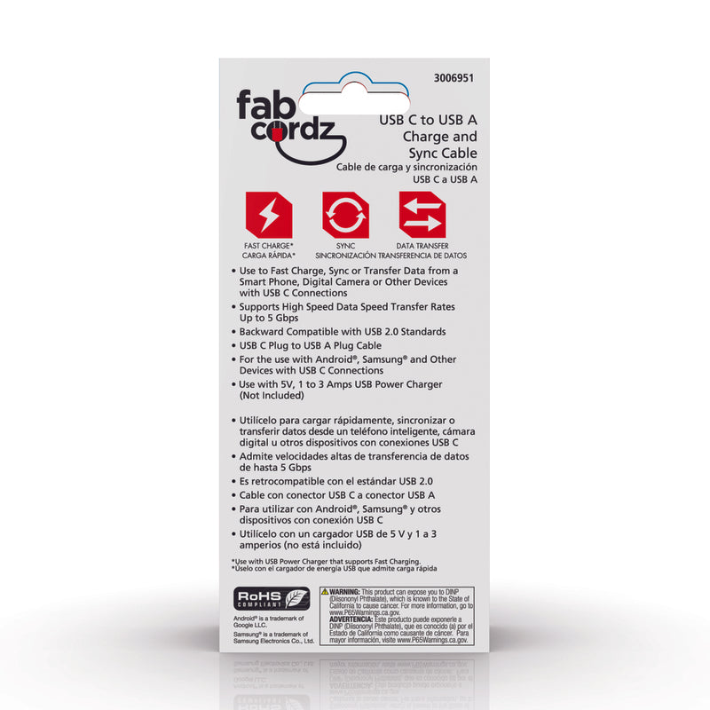 Fabcordz USB-C to USB-A Charge and Sync Cable 10 ft. Black
