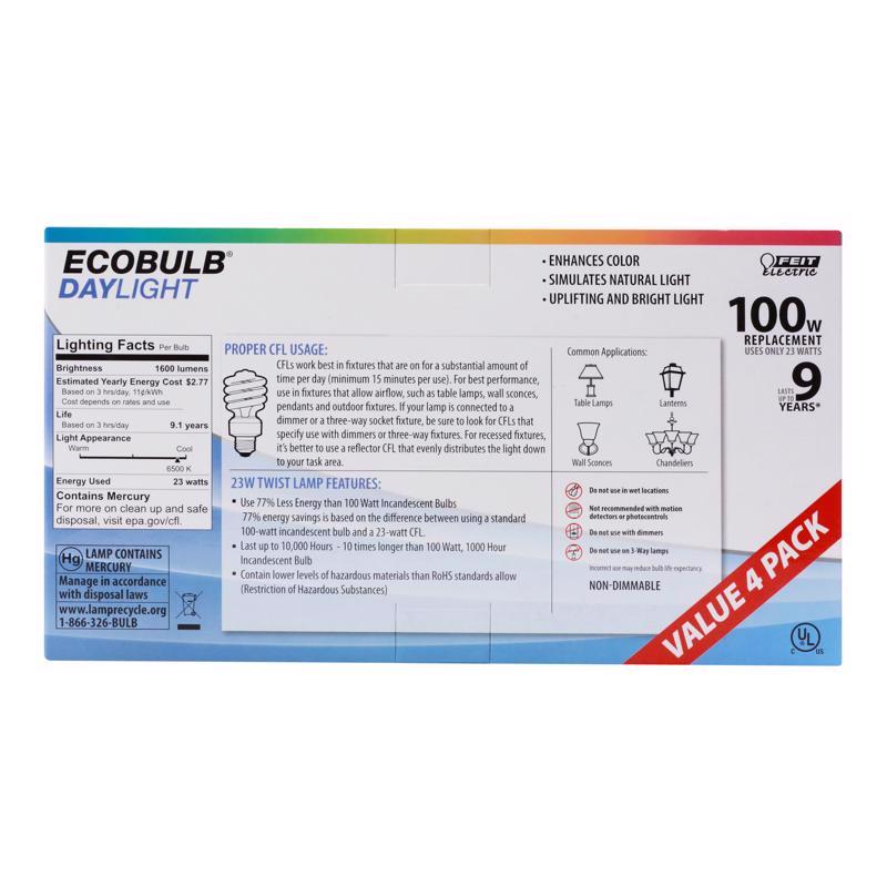 Feit Electric ESL23TM/D/4 Compact Fluorescent Bulb, 23 W, Spiral Lamp, Medium E26 Lamp Base, 1600 Lumens, Daylight Light