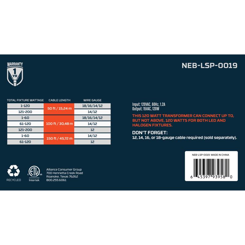 NEBO Plug In 120 W LED Transformer 1 pk