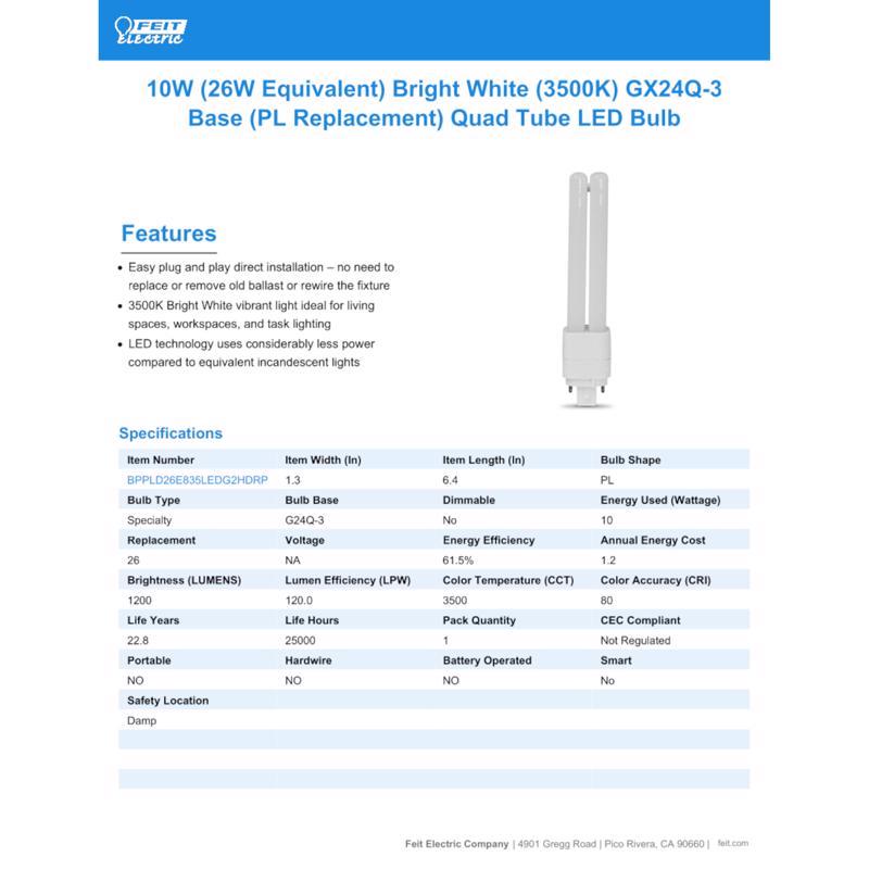 Feit PL GX24Q-3 4-Pin LED Tube Light Bright White 26 Watt Equivalence 1 pk
