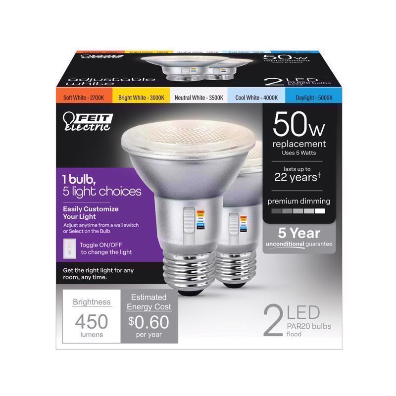 Feit PAR20 E26 (Medium) LED Floodlight Bulb Adjustable White 50 Watt Equivalence 2 pk