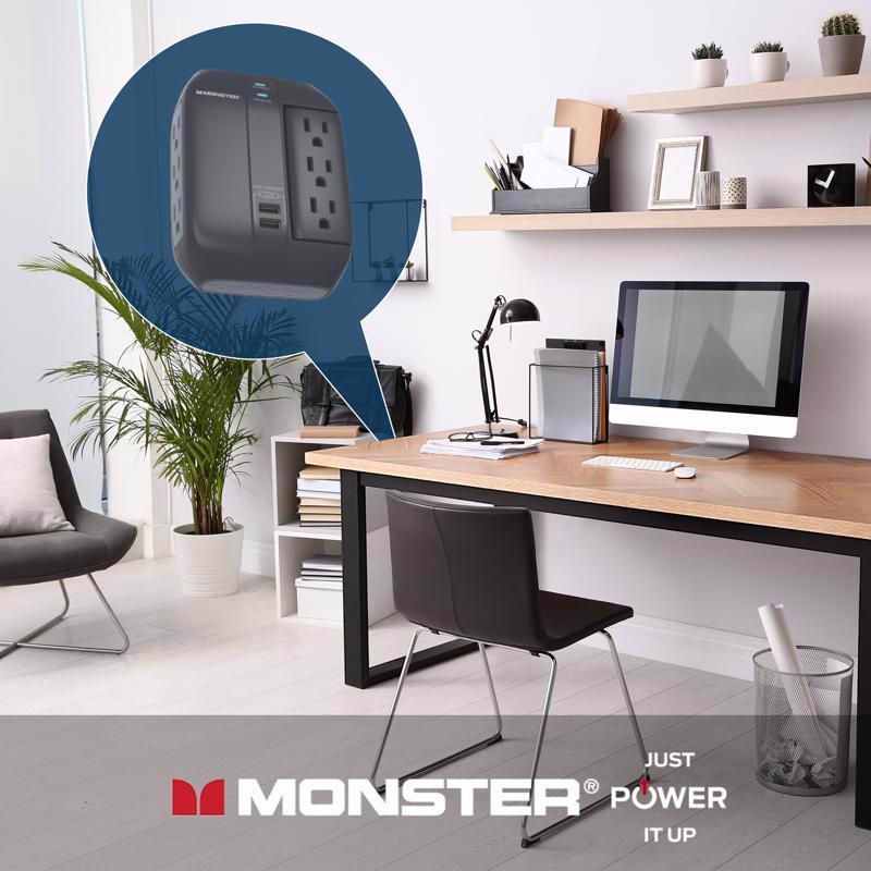 Monster Just Power it Up 0 ft. L 6 outlets Wall Tap Surge Protector w/USB Black 1200 J