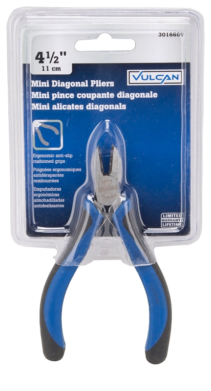 Vulcan JL-NP039 Cutting Pliers, 4-1/2 in OAL, 0.8 mm Cutting Capacity, 1/2 in Jaw Opening, Black/Blue Handle