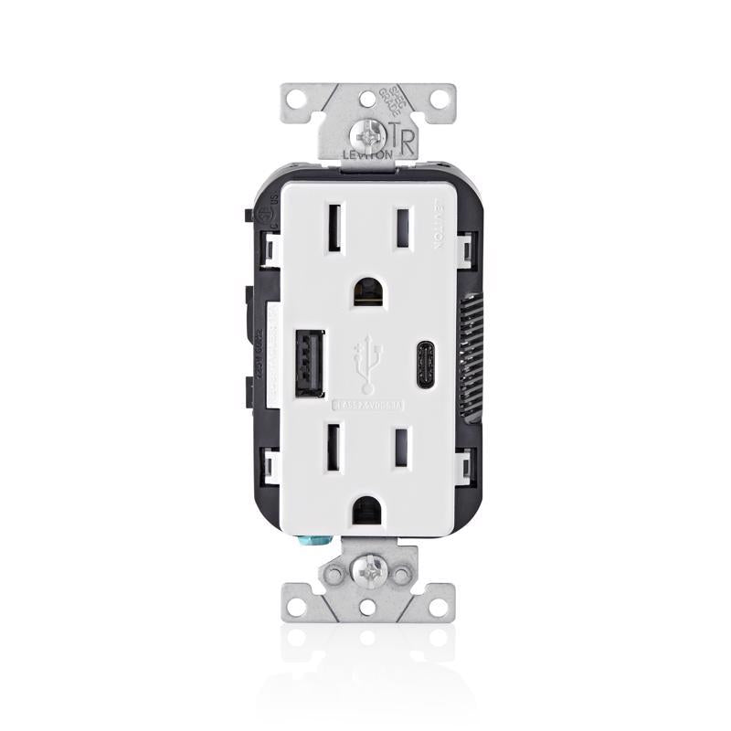 Leviton 15 amps 125 V Type A/C Duplex White Outlet and USB Charger 5-15R 1 pk