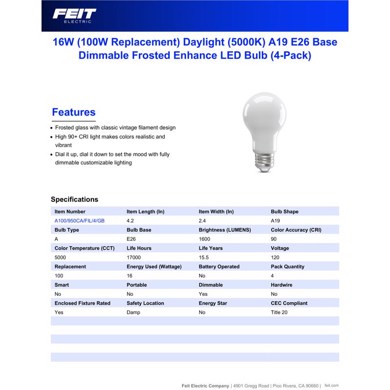 Feit A19 E26 (Medium) LED Bulb Soft White 100 Watt Equivalence 4 pk