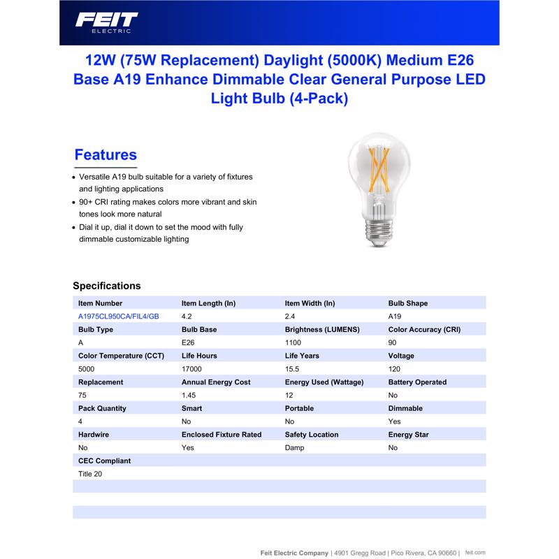 Feit A19 E26 (Medium) Filament LED Bulb Daylight 75 Watt Equivalence 4 pk