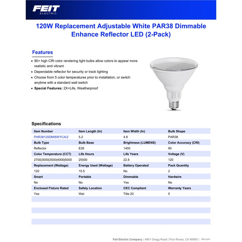 Feit PAR38 E26 (Medium) LED Bulb Adjustable White 120 Watt Equivalence 2 pk