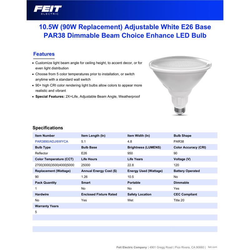 Feit PAR38 E26 (Medium) LED Bulb Adjustable White 90 Watt Equivalence 1 pk