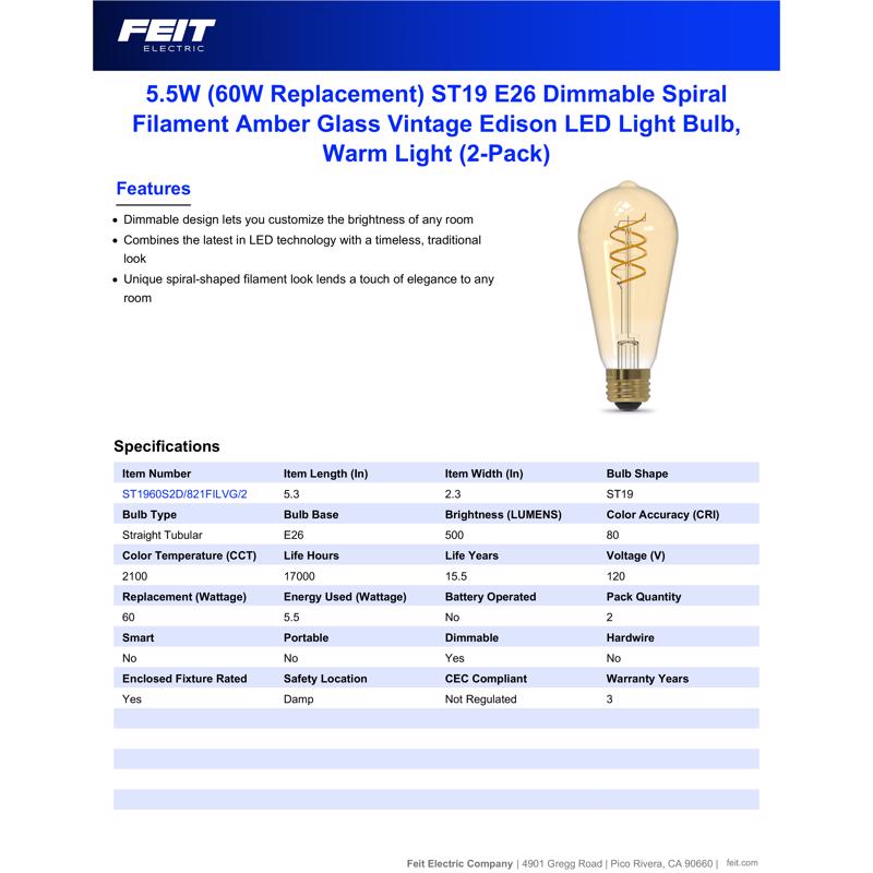 Feit ST19 E26 (Medium) Filament LED Bulb Amber 60 Watt Equivalence 2 pk