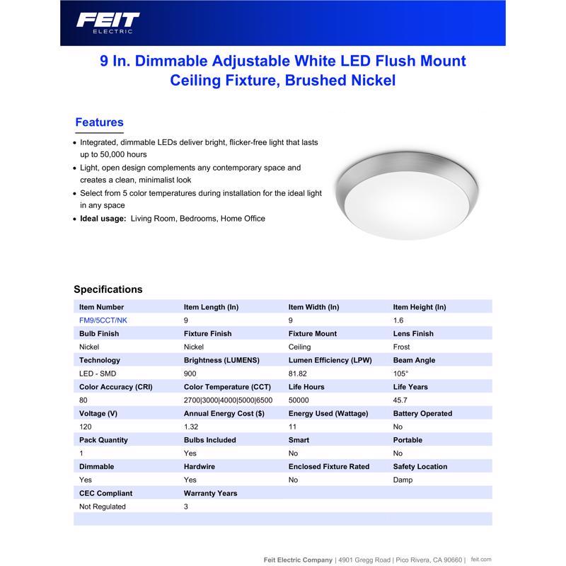 Feit 3 in. H X 9 in. W X 9 in. L Brushed Nickel White Ceiling Fixture