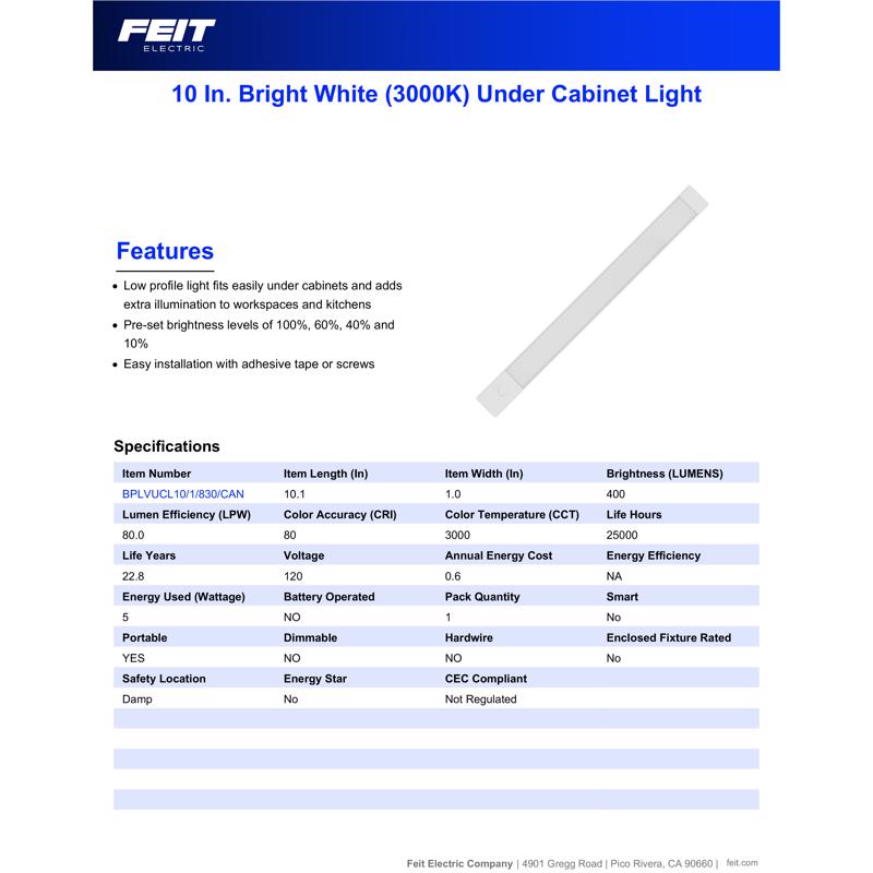 Feit 10 in. L White Plug-In LED Under Cabinet Light Strip 400 lm, Pack of 12