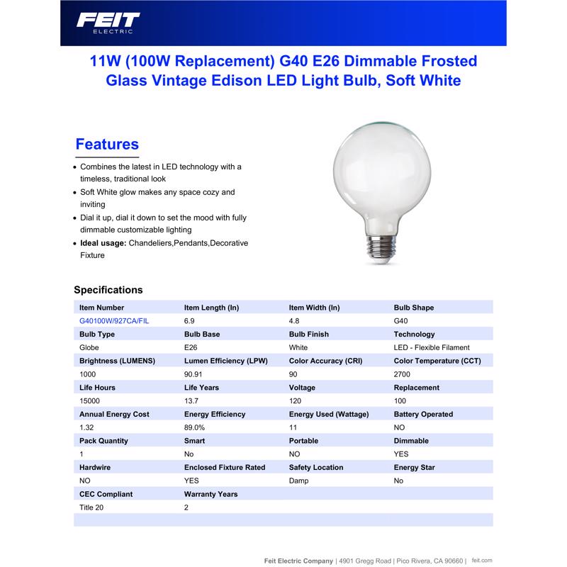 Feit G40 E26 (Medium) Filament LED Bulb Soft White 100 Watt Equivalence 1 pk, Pack of 2