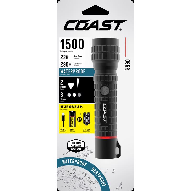 Coast 1500 lm Black LED Rechargeable Rechargeable Flashlight 2000mAh Battery