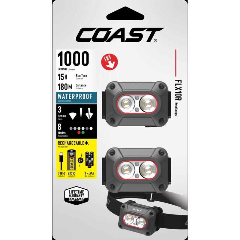 Coast FLX10R 1000 lm Black/Gray LED Rechargeable Head Lamp