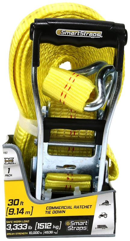 SmartStrap Rachet X Series 167 Stamped Rail Tie-Down, 2 in W, 30 ft L, Polyester/Steel, Yellow, 3333 lb