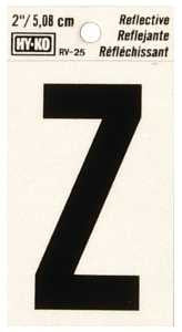 Hy-Ko RV-25/Z Reflective Letter, 1-1/2 in W x 3 in H Dimensions, Character: Z, 2 in H Character, Black Character, Vinyl, Pack of 10