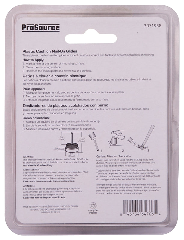 ProSource FE-50311-PS Furniture Glide, Plastic, White, White, 3/4 x 3/4 x 1-3/16 in Dimensions