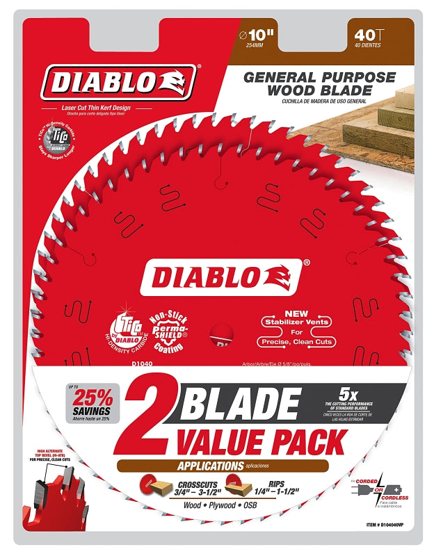Diablo D104040VP Saw Blade, 10 in Dia, 5/8 in Arbor, 40-Teeth, Carbide Cutting Edge