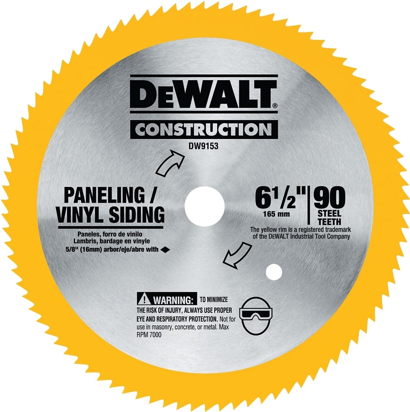 DEWALT DW9153 Circular Saw Blade, 6-1/2 in Dia, 5/8 in Arbor, 90-Teeth, Tungsten Carbide Cutting Edge