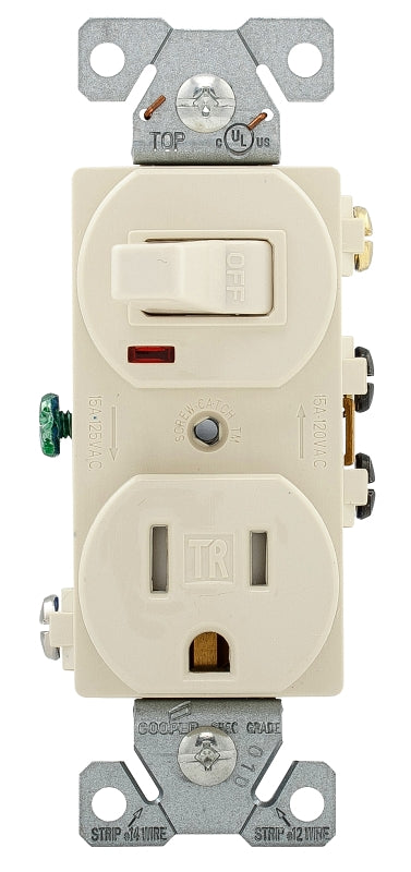 Eaton TR274LA Combination Switch/Receptacle, 2-Pole, 15 A, 120 V Switch, 125 V Receptacle, NEMA: NEMA 5-15R