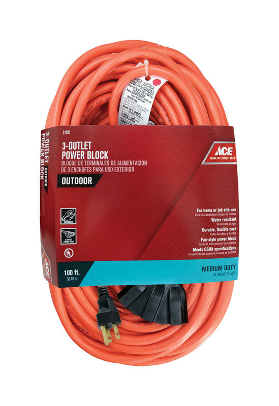 Ace Indoor or Outdoor 100 ft. L Orange Triple Outlet Cord 14/3 SJTW