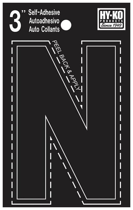 Hy-Ko 30400 Series 30424 Die-Cut Letter, Character: N, 3 in H Character, Black Character, Vinyl, Pack of 10
