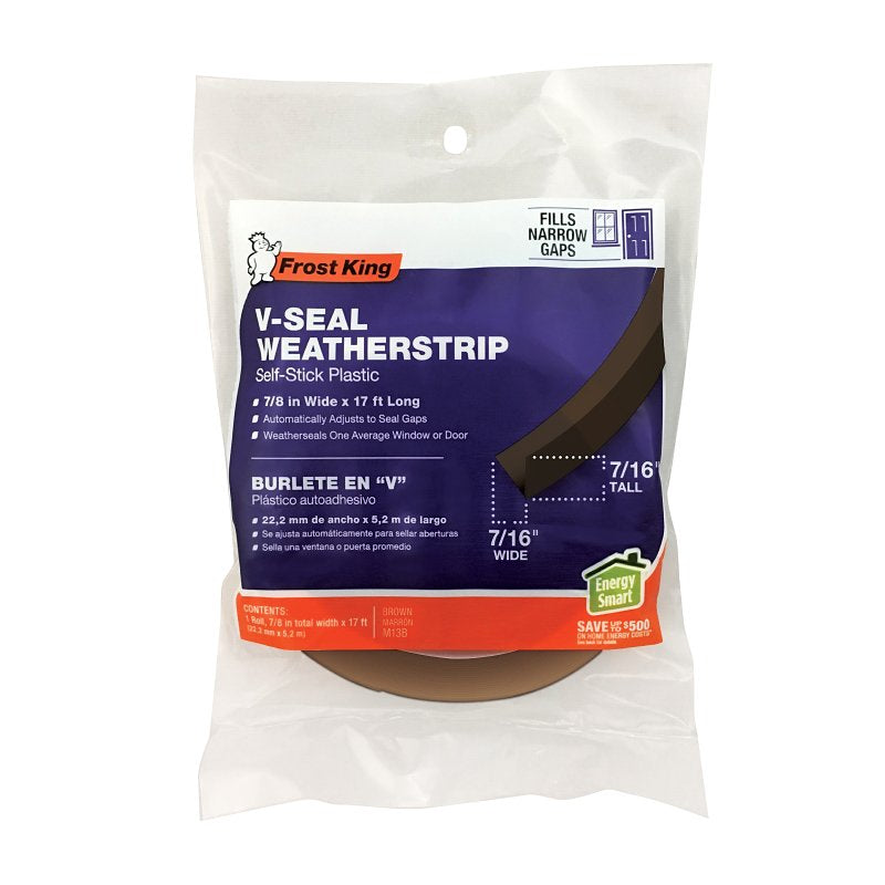 Frost King M13BH V-Seal Weatherstrip, 7/8 in W, 17 ft L, Plastic, Brown