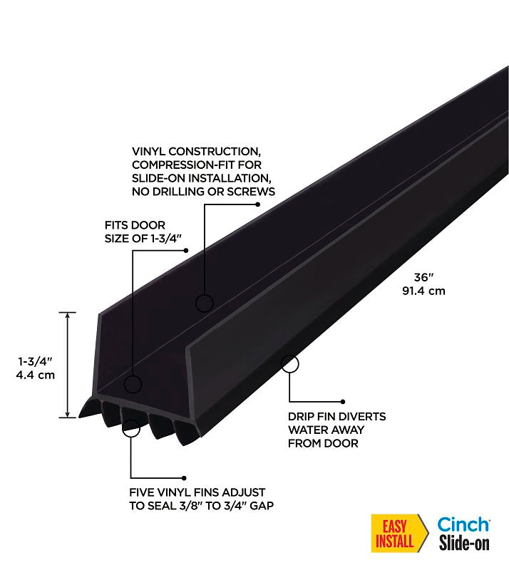 M-D 43339 Under Door Seal, 2 in W, 1-3/4 in Thick, 36 in L, Vinyl, Black