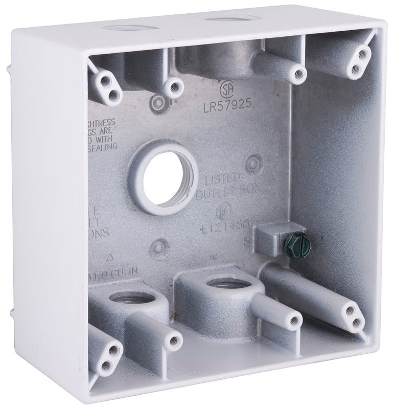 Bell Outdoor 5337-1 Weatherproof Box, 4-1/2 in W, 4-1/2 in D, 5-Knockout, Lug Mounting, NEMA 3R, Aluminum, White