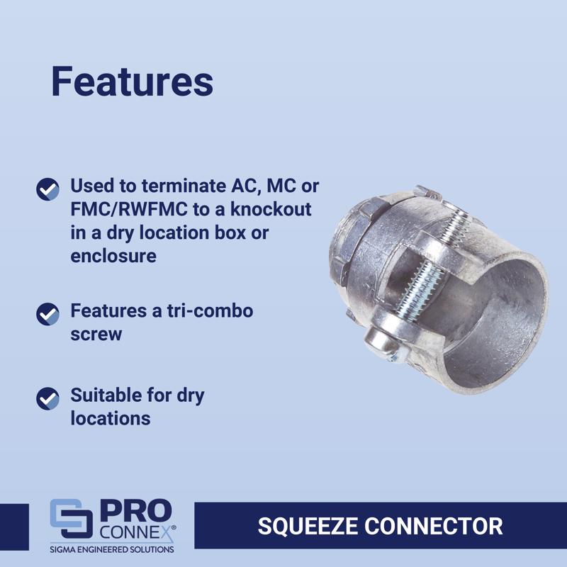 Sigma Engineered Solutions ProConnex 1 in. D Die-Cast Zinc Squeeze Connector For BX, MC and FLEX 1 p, Pack of 10