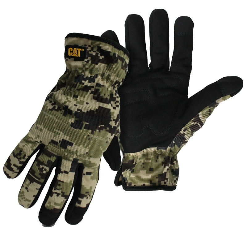 CAT CAT012270L Work Gloves, Men's, L, Touchscreen Thumb, Elastic, Open Cuff, Spandex, Digital Camouflage