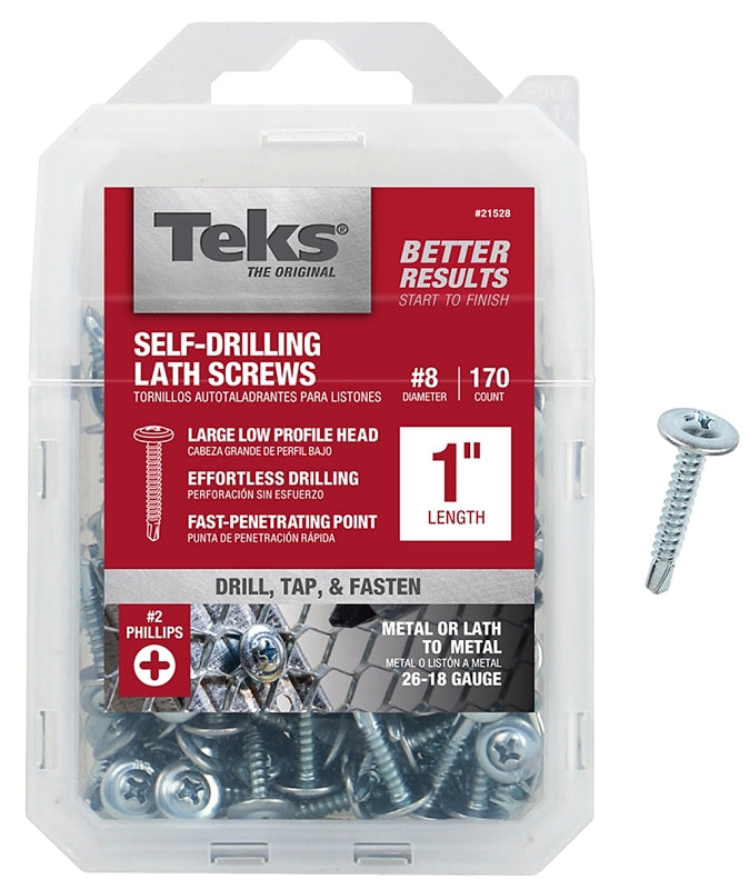 Teks 21528 Lath Screw, #8 Thread, 1.63 in L, Truss Head, Phillips Drive, Drill Point, Steel, Zinc, 170 PK