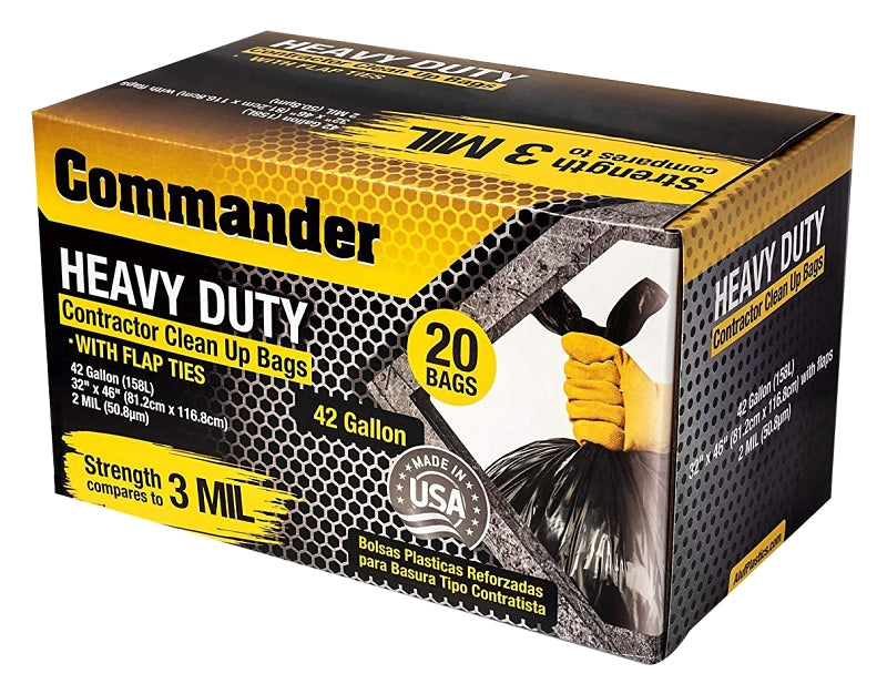 Commander 3MCON20 Heavy-Duty Contractor Clean-Up Bag, 42 gal Capacity, Polyethylene, Black
