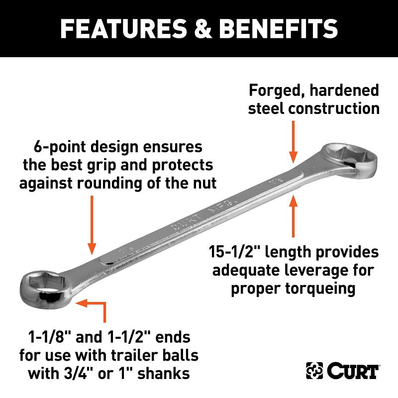 Curt 20001 Wrench, 1-1/8 x 1-1/2 in Head, 15-1/2 in OAL, Steel, Chrome-Plated