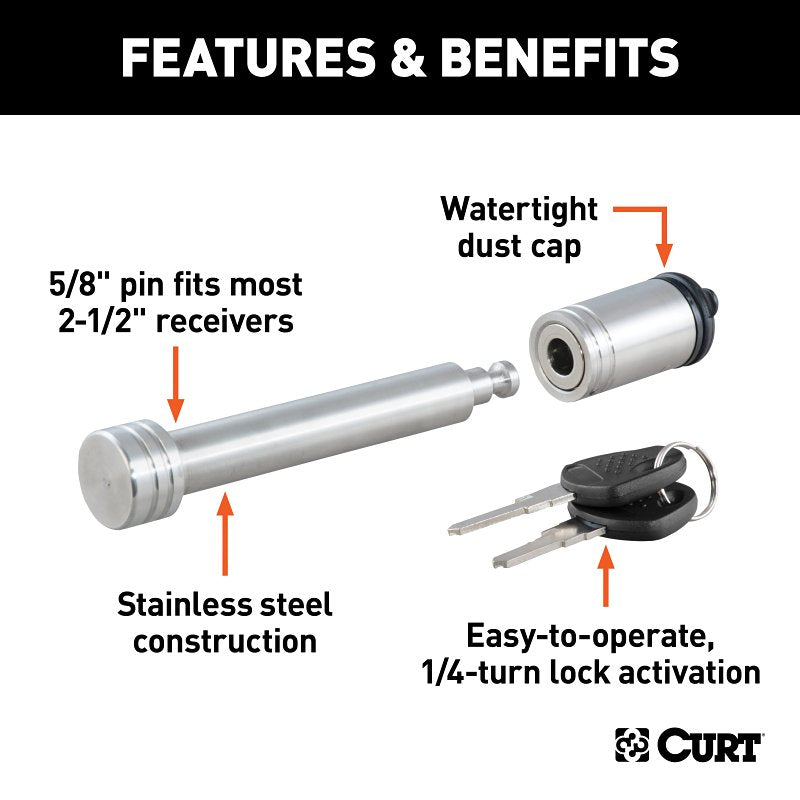 Curt 23519 Receiver Lock, Hitch Lock, 5/8 in Dia Shackle, Stainless Steel, Polished