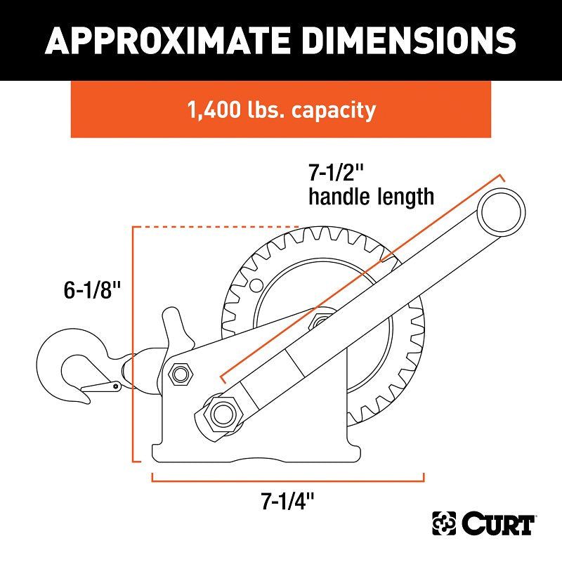 Curt 29435 Hand Crank Winch with 15 ft Strap, Electric, 1400 lb, Steel