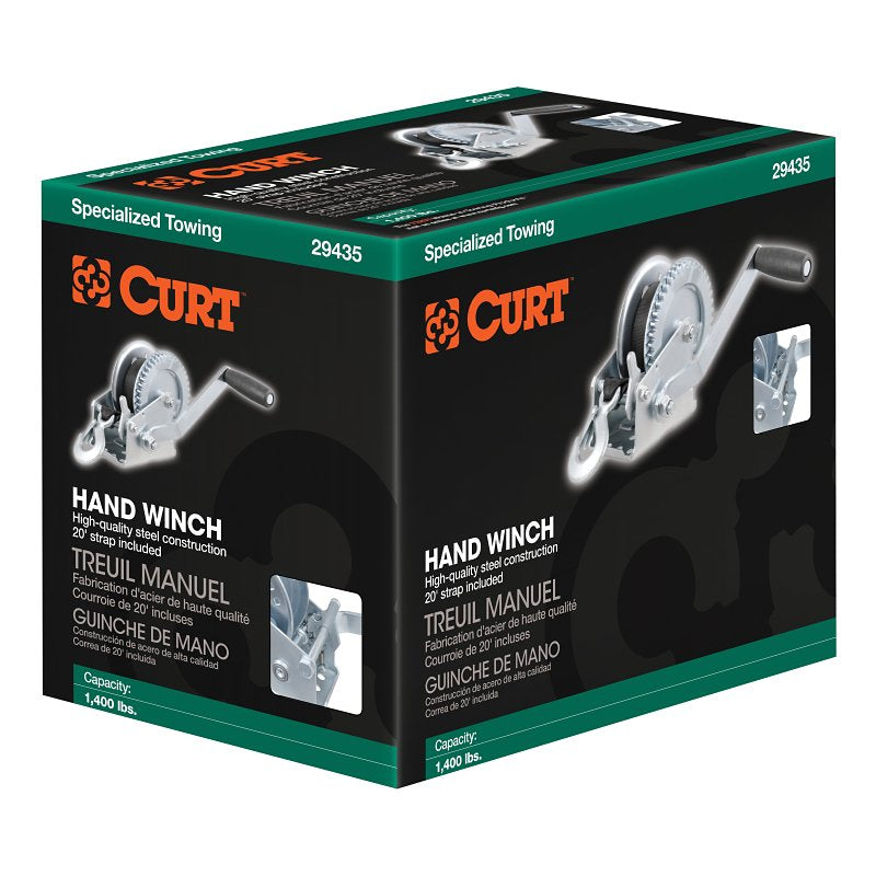 Curt 29435 Hand Crank Winch with 15 ft Strap, Electric, 1400 lb, Steel