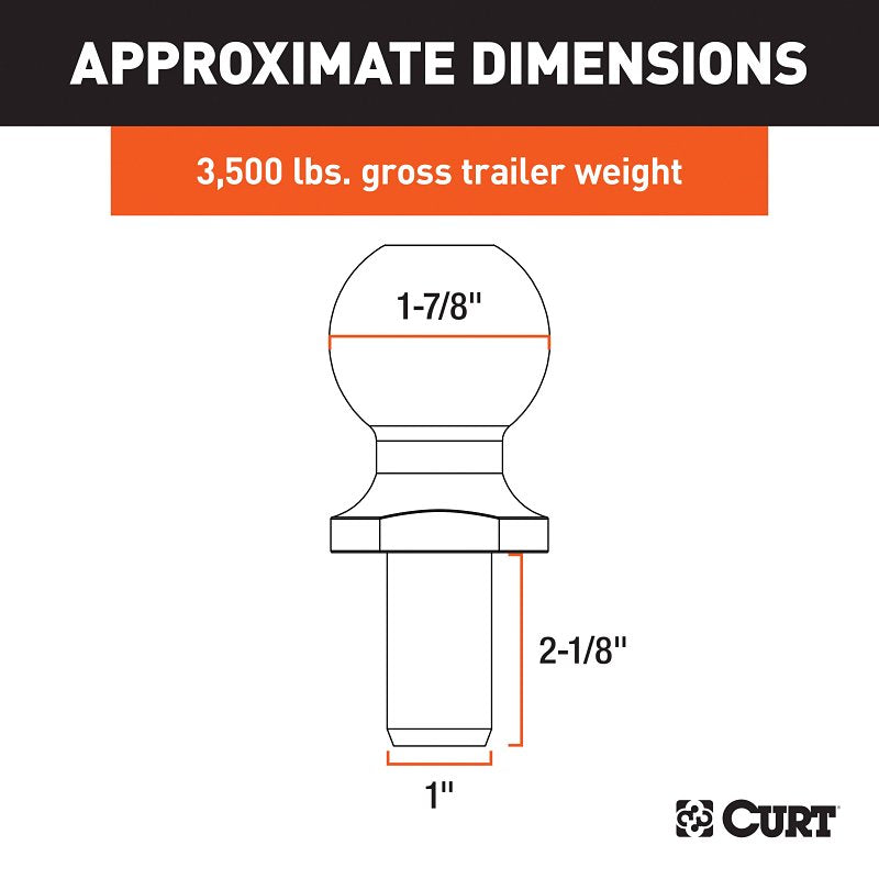 Curt 40062 Trailer Ball, 1-7/8 in Dia Ball, 1 in Dia Shank, 3500 lb Gross Towing, 250 ft-lb Tongue Load, Steel