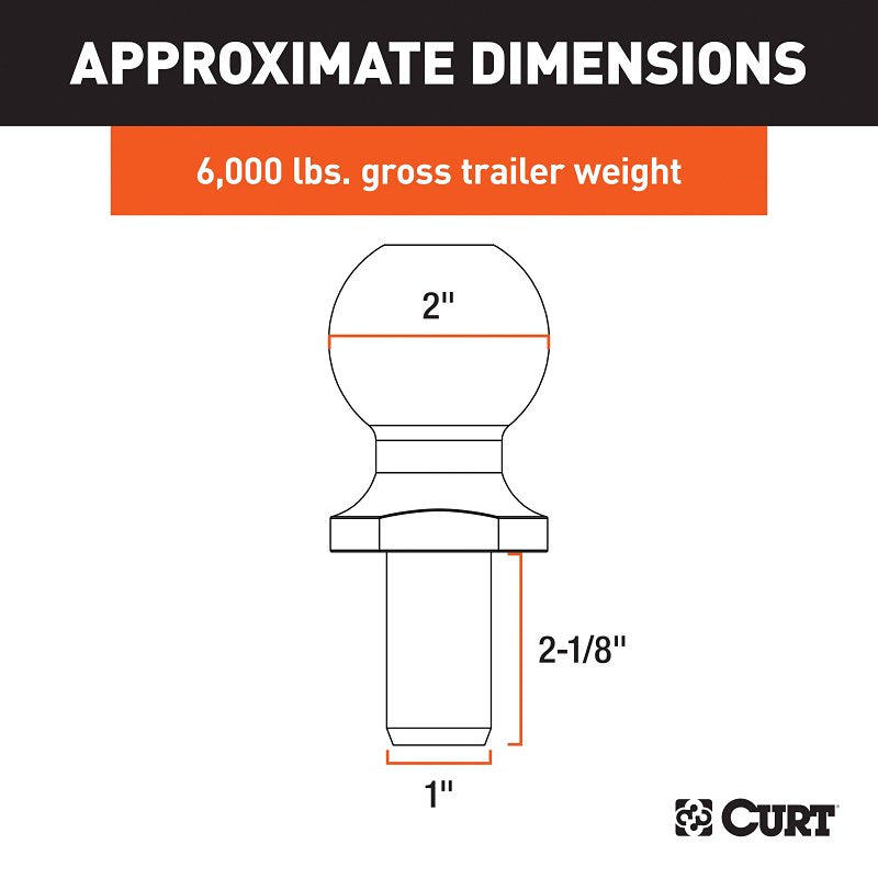 Curt 40066 Trailer Ball, 2 in Dia Ball, 1 in Dia Shank, 6000 lb Gross Towing, Steel, 2-1/8 in Shank Lenght