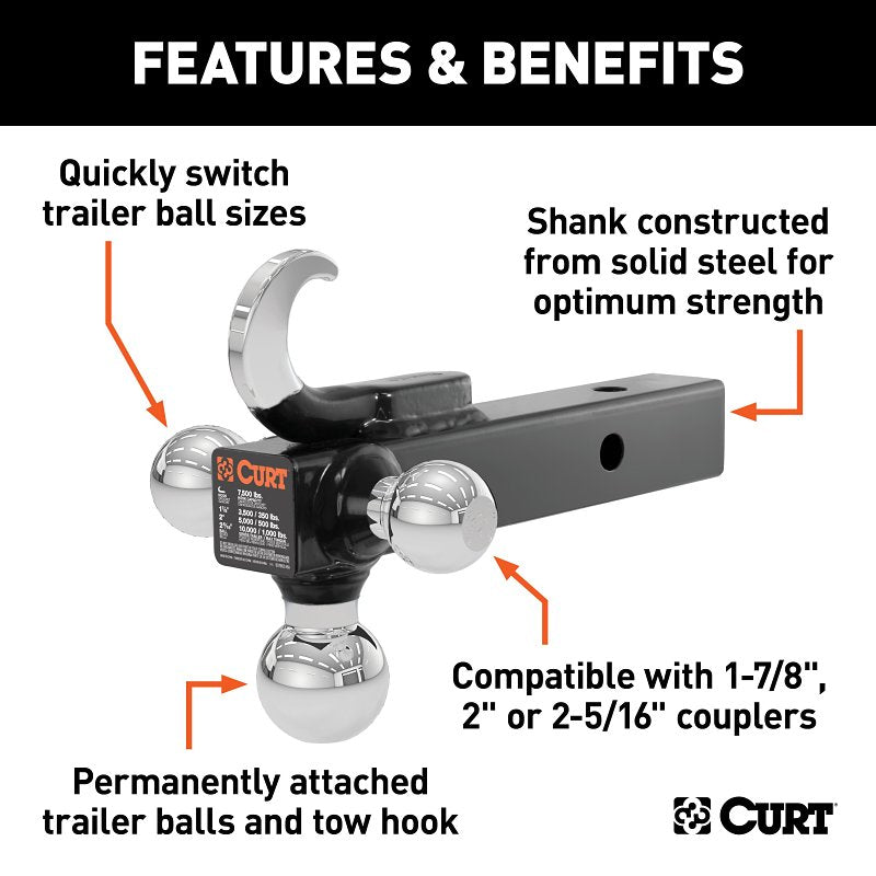 Curt 45675 Multi-Ball Mount, 2-Hole, 1-7/8, 2, 2-5/16 in Dia Hitch Ball, Steel, Powder-Coated