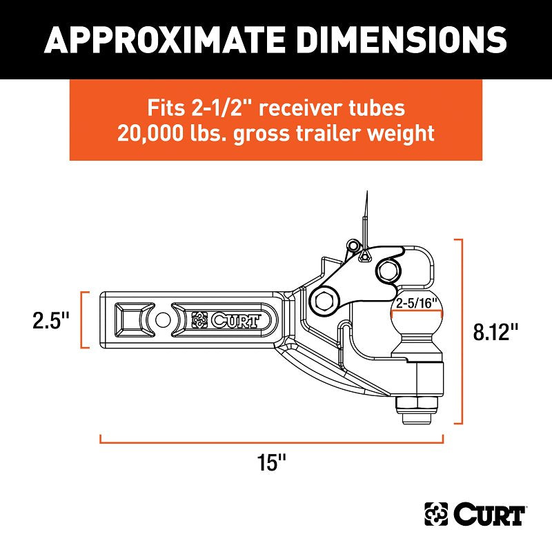 Curt 48012 Forged Receiver Mount Ball and Pintle Combination, Cat Class 5, 1-Hole, 2-1/2 in, 3 in Dia Hitch Ball