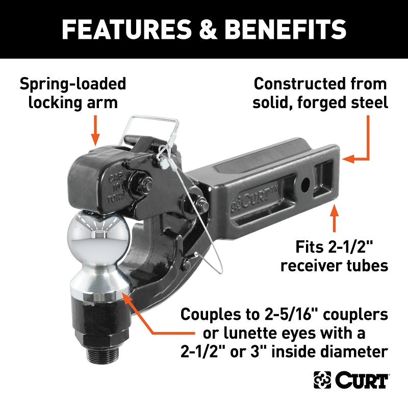 Curt 48012 Forged Receiver Mount Ball and Pintle Combination, Cat Class 5, 1-Hole, 2-1/2 in, 3 in Dia Hitch Ball