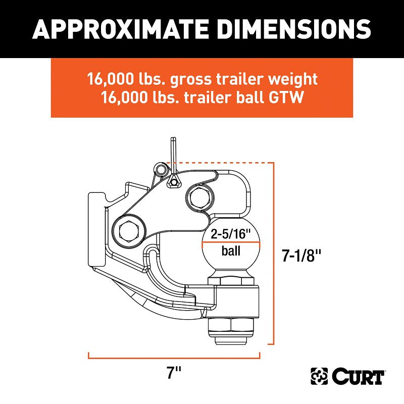 Curt 48200 Ball and Pintle Combination, 2-5/16 in, 2-1/2 in Dia Eye, 16,000 lb Working Load, Steel, Powder-Coated