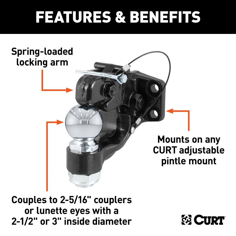 Curt 48200 Ball and Pintle Combination, 2-5/16 in, 2-1/2 in Dia Eye, 16,000 lb Working Load, Steel, Powder-Coated