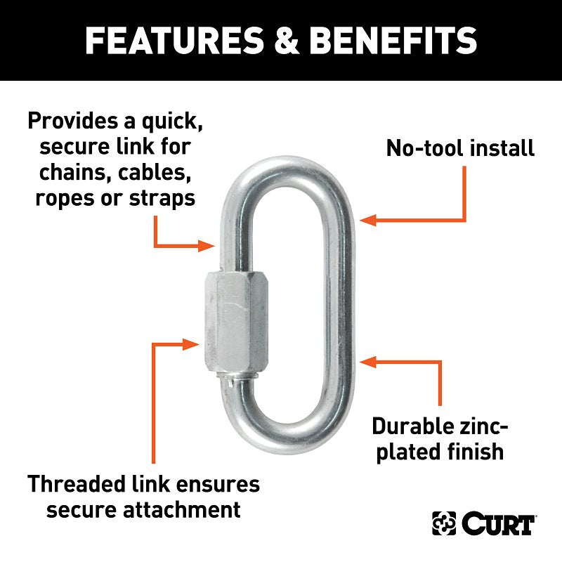 Curt 82903 Quick Link, 5/16 in Trade, 1760 lb Working Load, Steel, Clear Zinc