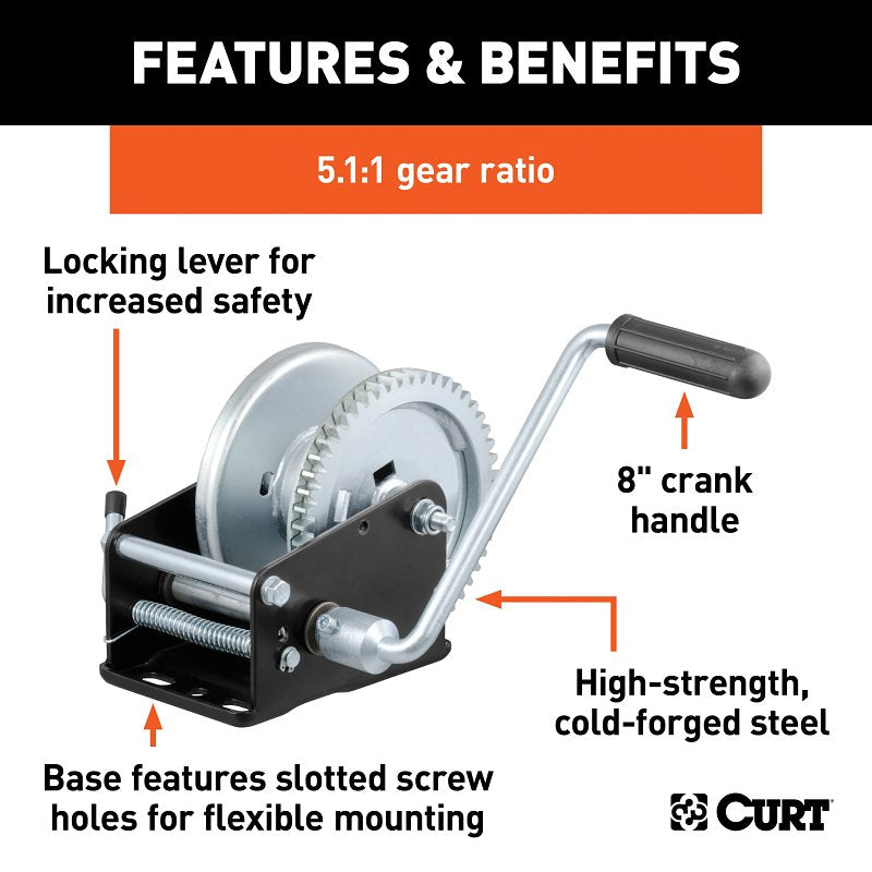Curt 29428 Hand Crank Winch, Hand Power, 1900 lb, Steel