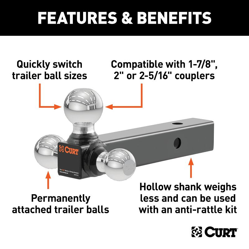 Curt 45001 Multi-Ball Ball Mount, 1-Hole, 2 in, 1-7/8, 2, 2-5/16 in Dia Hitch Ball, Steel, Powder-Coated