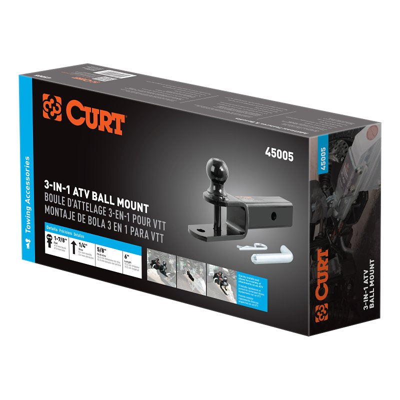 Curt 45005 3-in-1 ATV Ball Mount, 1-Hole, 2 in, 1-7/8 in Dia Hitch Ball, Steel, Powder-Coated